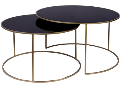 Tables basses gigognes rondes design métal doré et verre teinté noir (lot de 2) ROXO