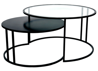 Tables basses gigognes rondes design verre trempé et métal noir TAHL (lot de 2)