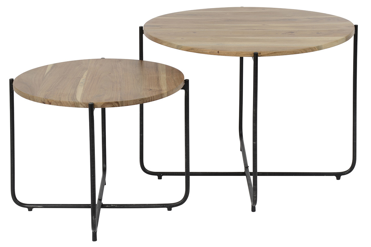 Tables basses gigognes rondes en acacia et m�tal noir (lot de 2) CROSS