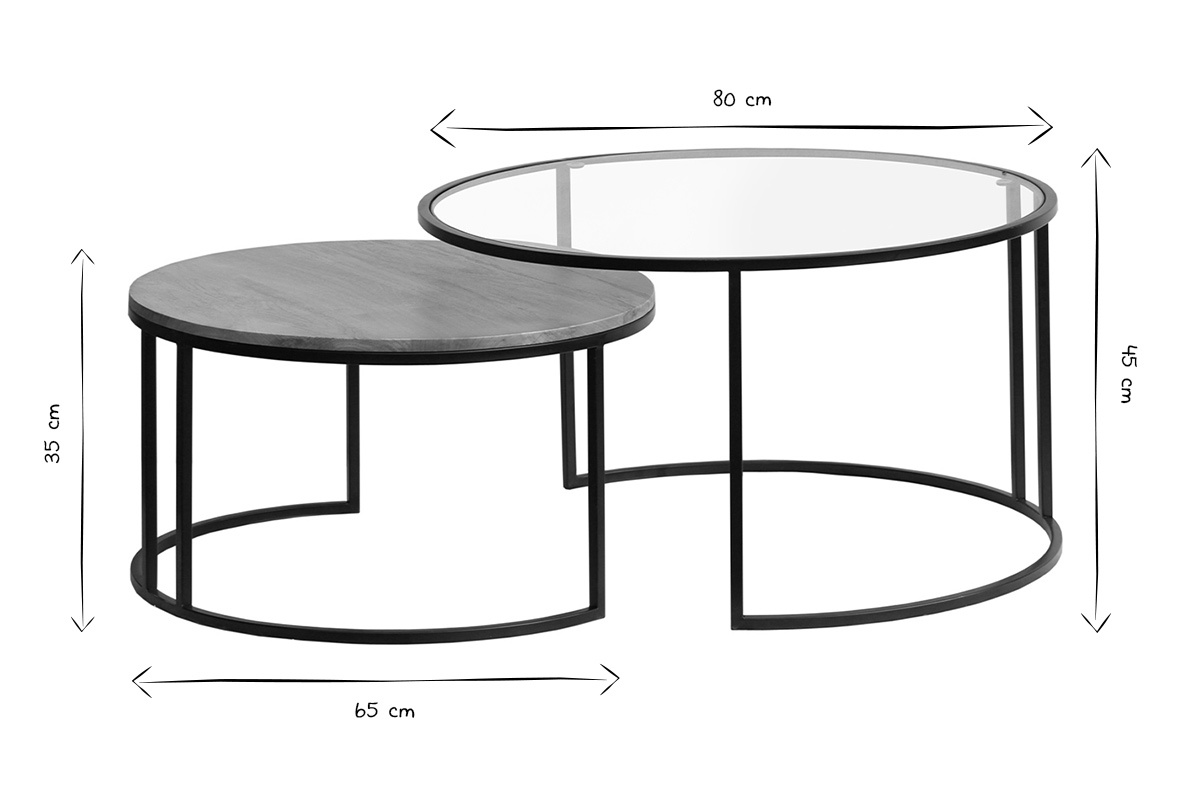 Tables basses gigognes rondes verre tremp�, bois manguier massif et m�tal noir (lot de 2) TAHL