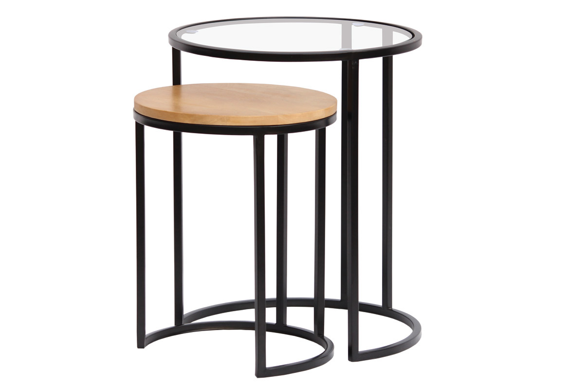 Tables d'appoint gigognes en verre tremp et bois manguier massif TAHL