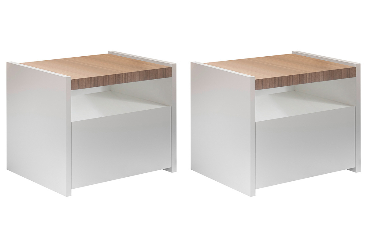 Tables de chevet avec tiroir blanc mat et finition chne (lot de 2) VERDI