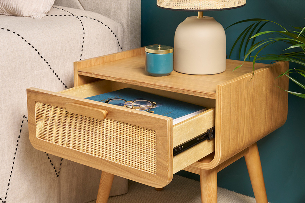 Tables de chevet avec tiroir en bois clair frne et cannage rotin (lot de 2) ATHNE
