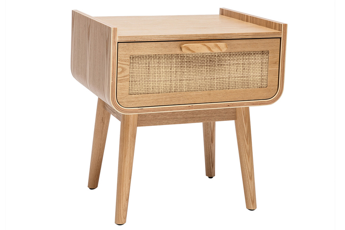 Tables de chevet avec tiroir en bois clair frne et cannage rotin (lot de 2) ATHNE