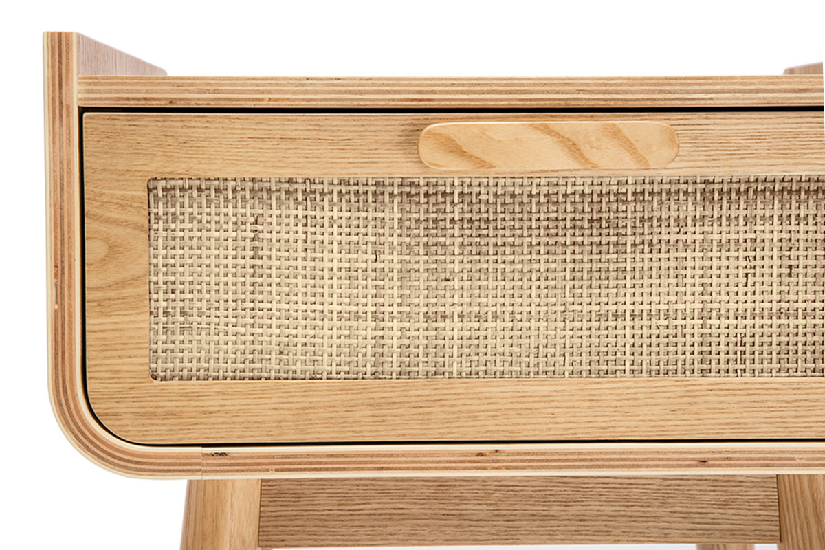 Tables de chevet avec tiroir en bois clair frne et cannage rotin (lot de 2) ATHNE