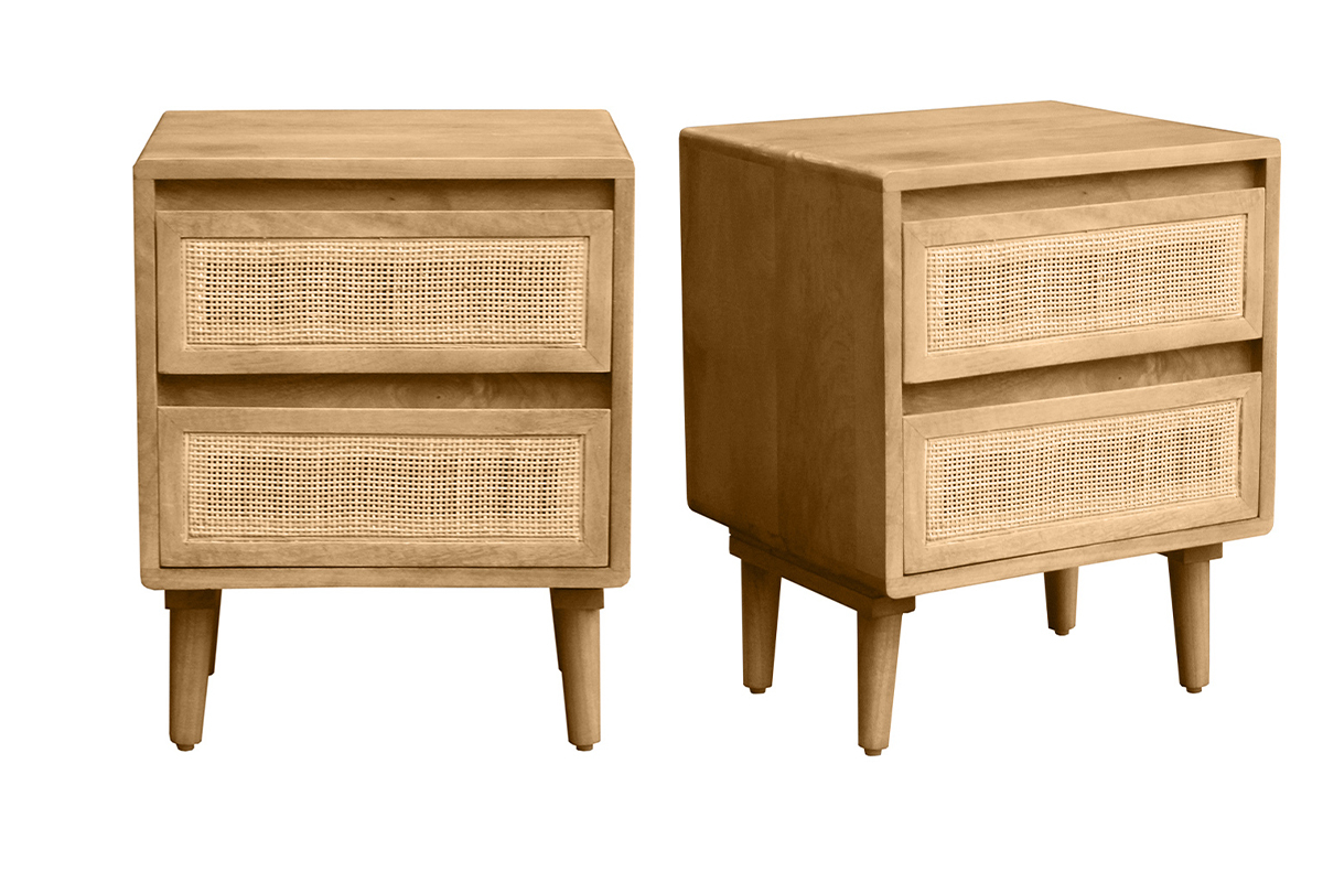 Tables de chevet en bois manguier massif et cannage rotin avec rangements 2 tiroirs L40 cm (lot de 2) ACANGE