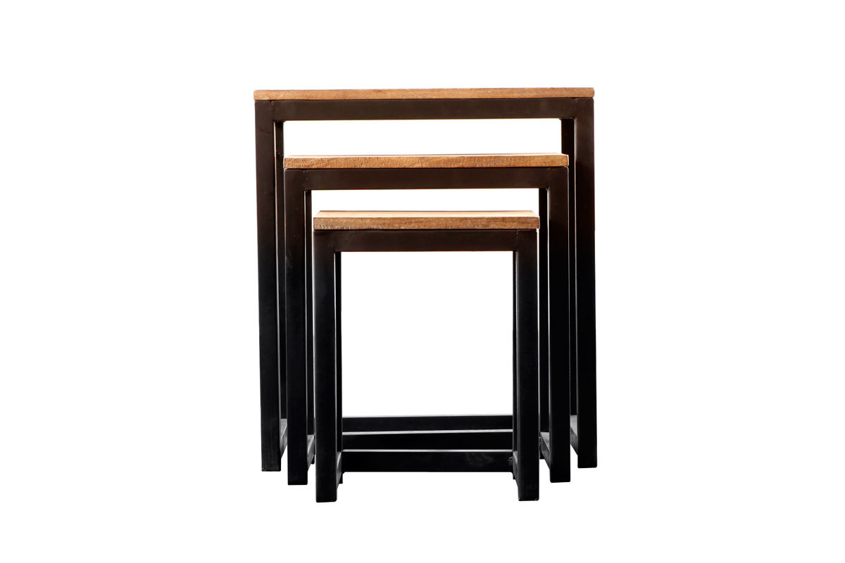Tables gigognes industrielles m�tal et orme massif (lot de 3) FACTORY