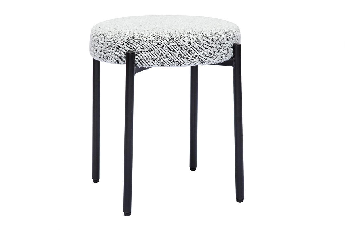Tabouret bas empilable en tissu effet laine boucle gris chin et mtal noir H41 cm KIKO