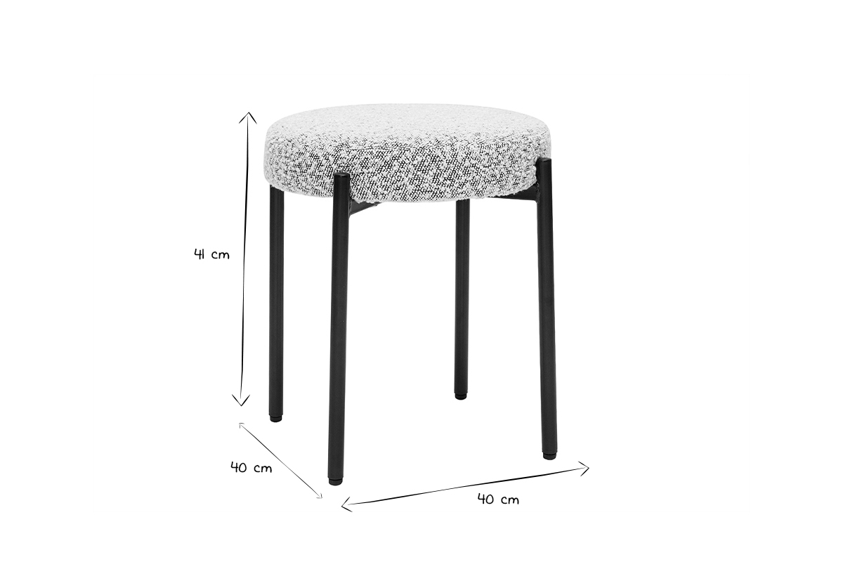 Tabouret bas empilable en tissu effet laine boucle gris chin et mtal noir H41 cm KIKO