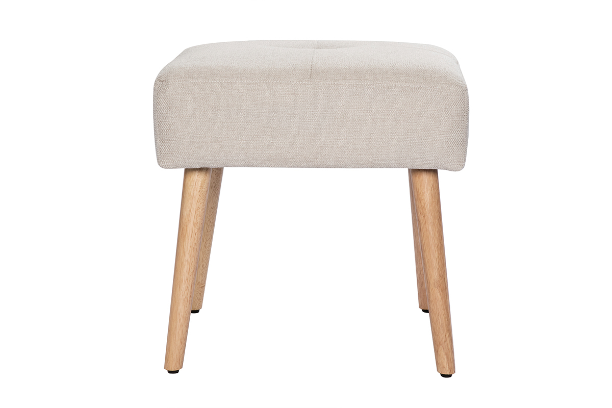 Tabouret bas en tissu effet velours textur beige et bois clair massif H46 cm GUESTA