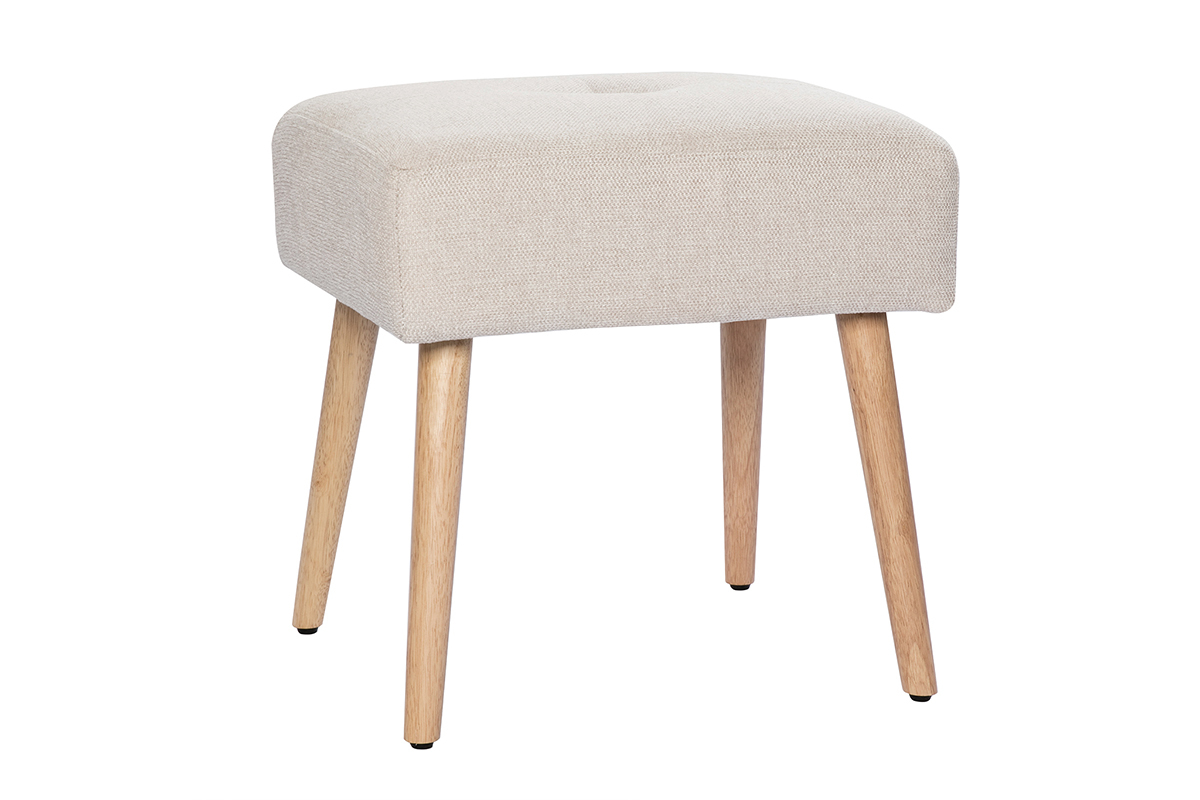 Tabouret bas en tissu effet velours textur beige et bois clair massif H46 cm GUESTA