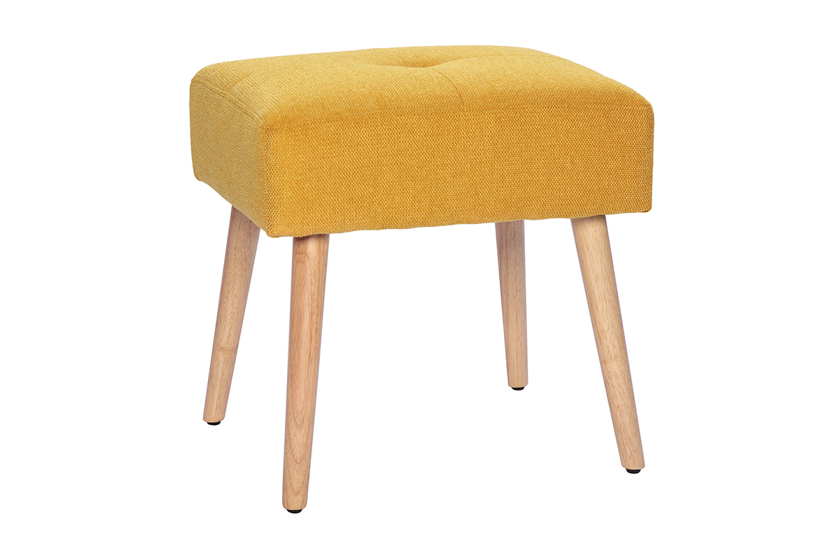 Tabouret bas en tissu effet velours textur jaune moutarde et bois clair massif H46 cm GUESTA