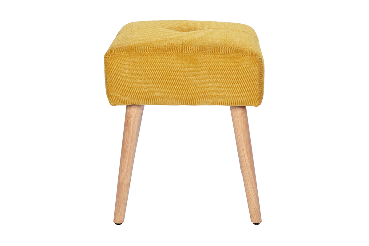 Tabouret bas en tissu effet velours textur jaune moutarde et bois clair massif H46 cm GUESTA