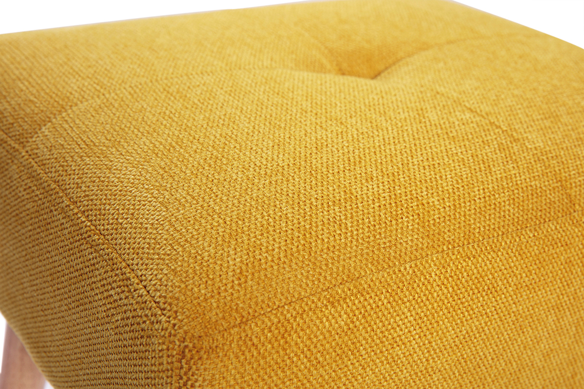Tabouret bas en tissu effet velours textur jaune moutarde et bois clair massif H46 cm GUESTA