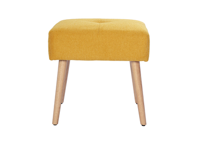 Tabouret bas en tissu effet velours texturé jaune moutarde et bois clair massif H46 cm GUESTA