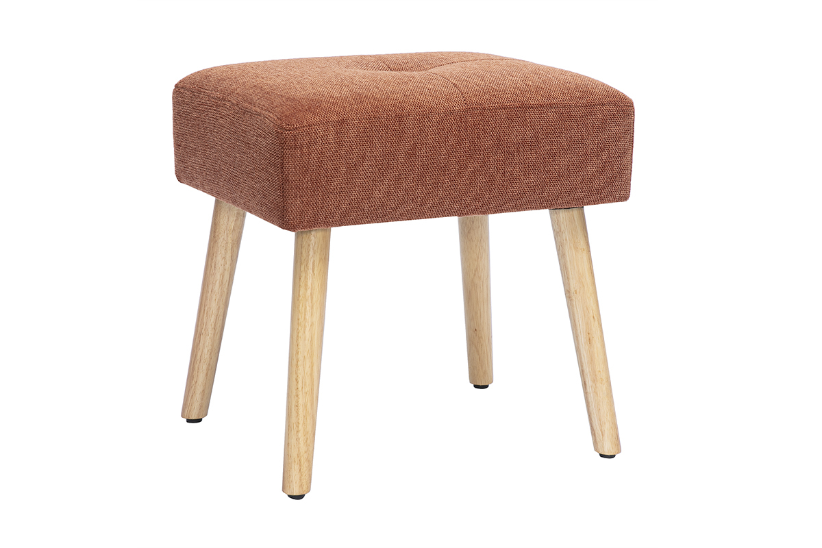 Tabouret bas en tissu effet velours textur� terre br�l�e et bois clair massif H46 cm GUESTA