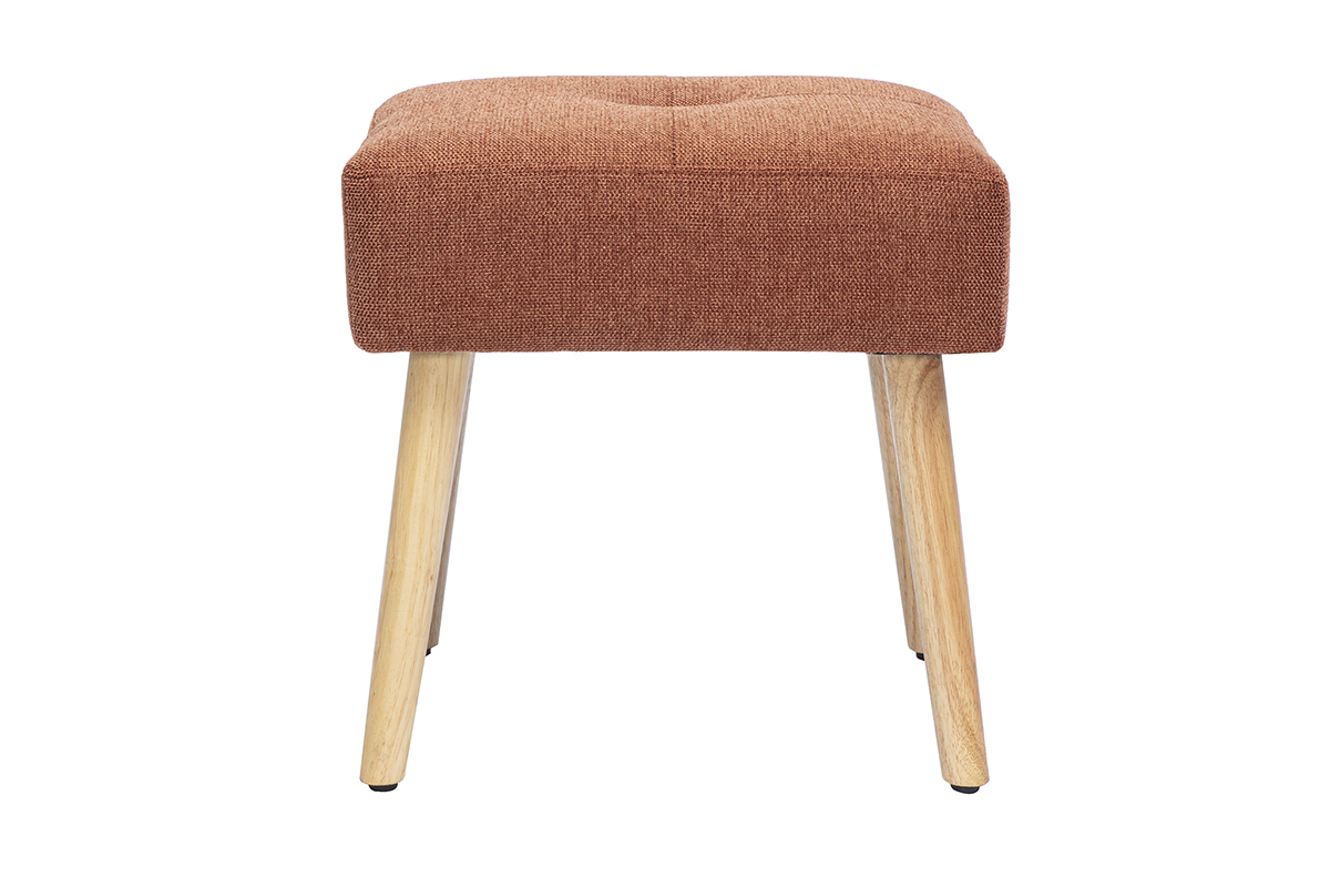 Tabouret bas en tissu effet velours textur� terre br�l�e et bois clair massif H46 cm GUESTA