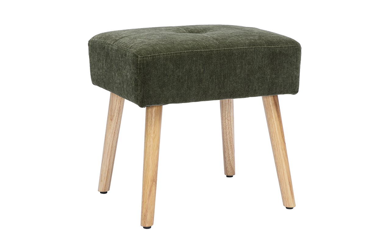 Tabouret bas en tissu effet velours vert kaki et bois clair massif H46 cm GUESTA