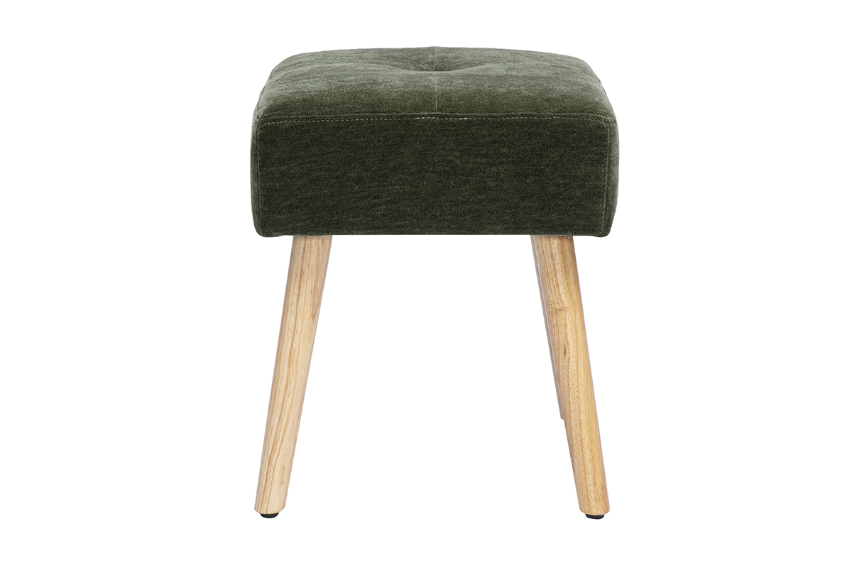 Tabouret bas en tissu effet velours vert kaki et bois clair massif H46 cm GUESTA