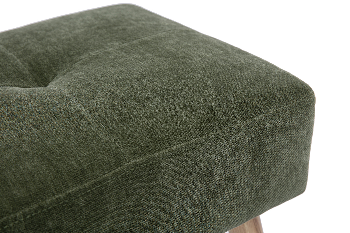 Tabouret bas en tissu effet velours vert kaki et bois clair massif H46 cm GUESTA