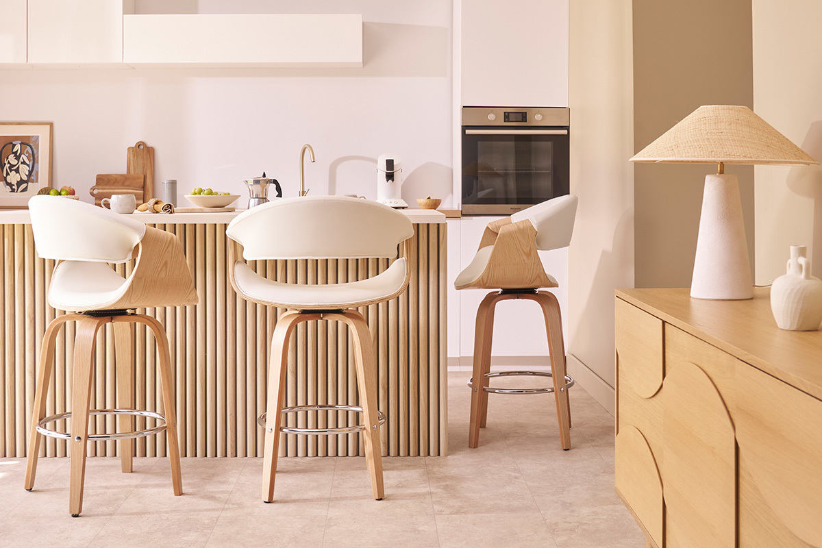 Tabouret de bar design blanc et bois clair 65 cm ARAMIS