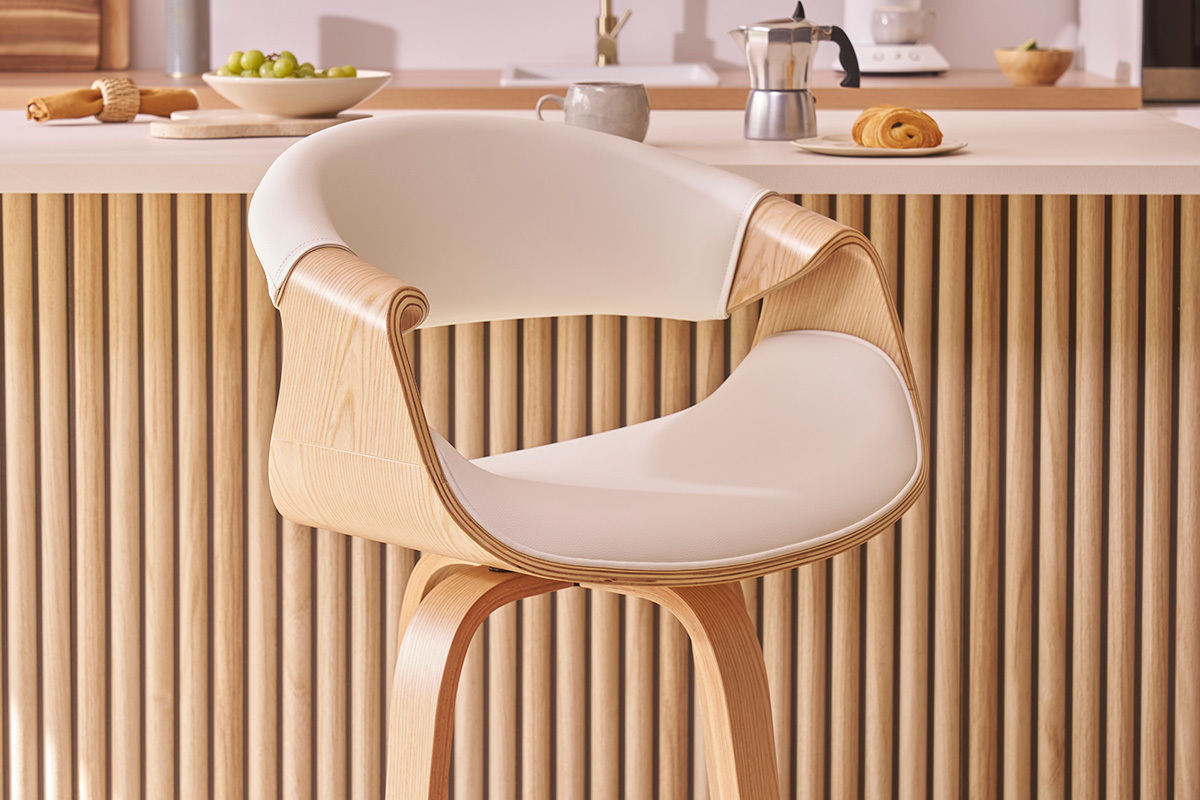 Tabouret de bar design blanc et bois clair 65 cm ARAMIS
