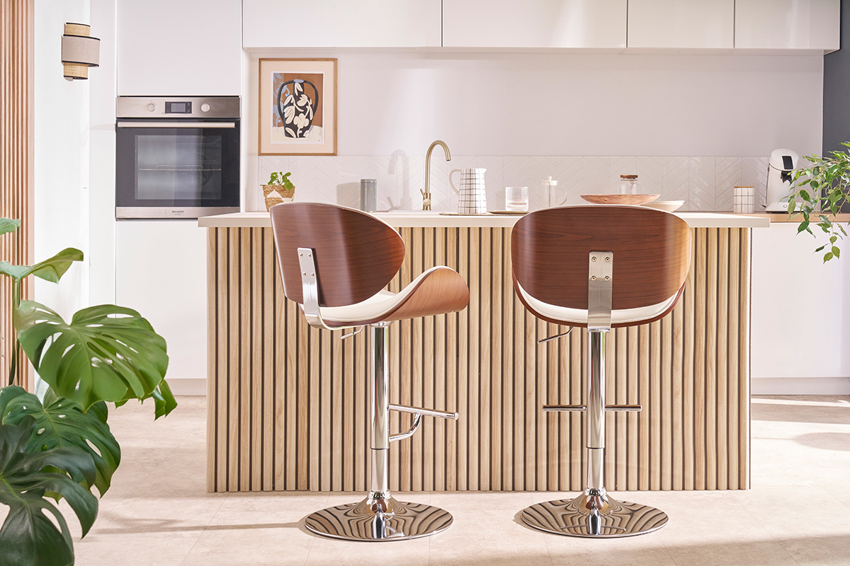 Tabouret de bar design blanc et bois clair WALNUT