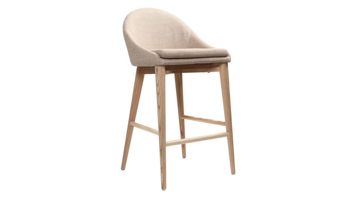 Tabouret de bar design en tissu beige et bois clair 65 cm DALIA