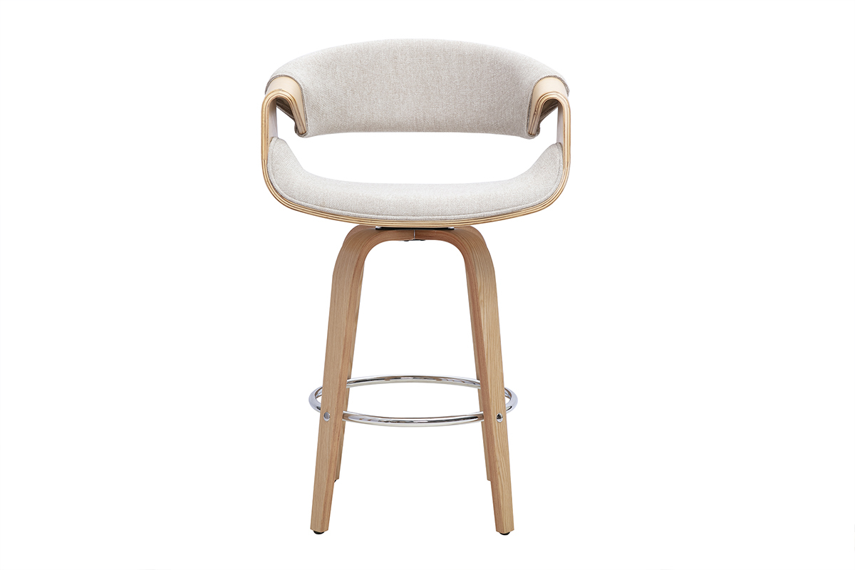 Tabouret de bar design en tissu effet velours textur� beige, bois clair et acier chrom� H68 cm ARAMIS