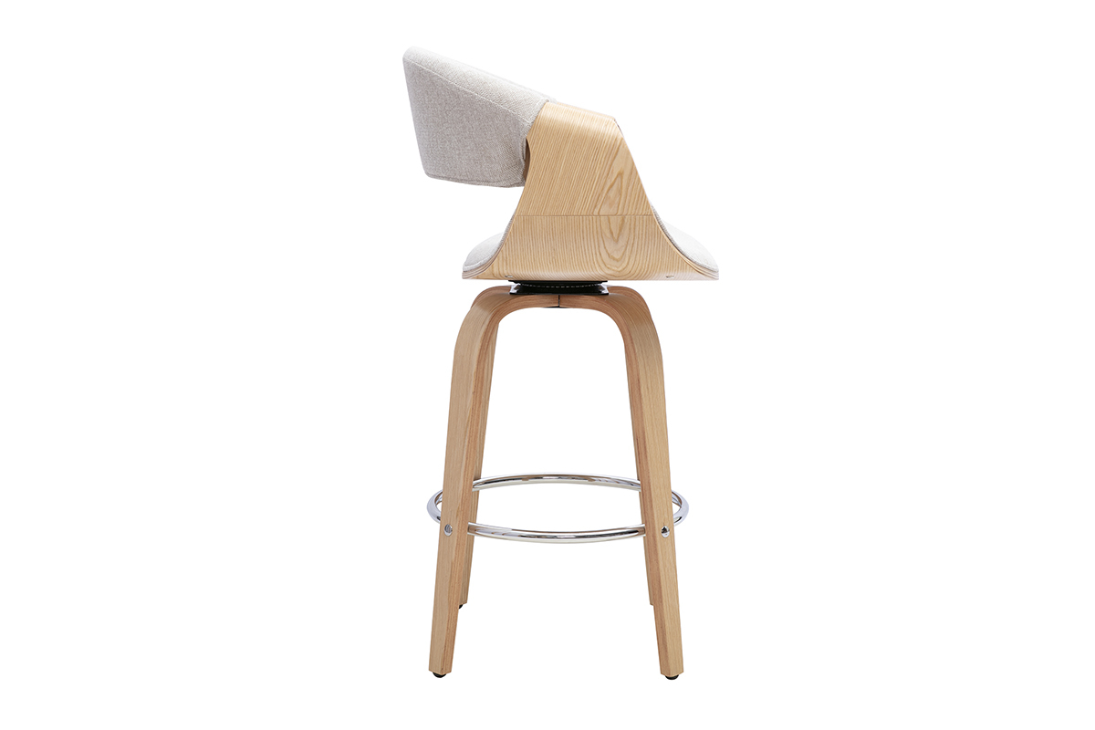 Tabouret de bar design en tissu effet velours textur� beige, bois clair et acier chrom� H68 cm ARAMIS