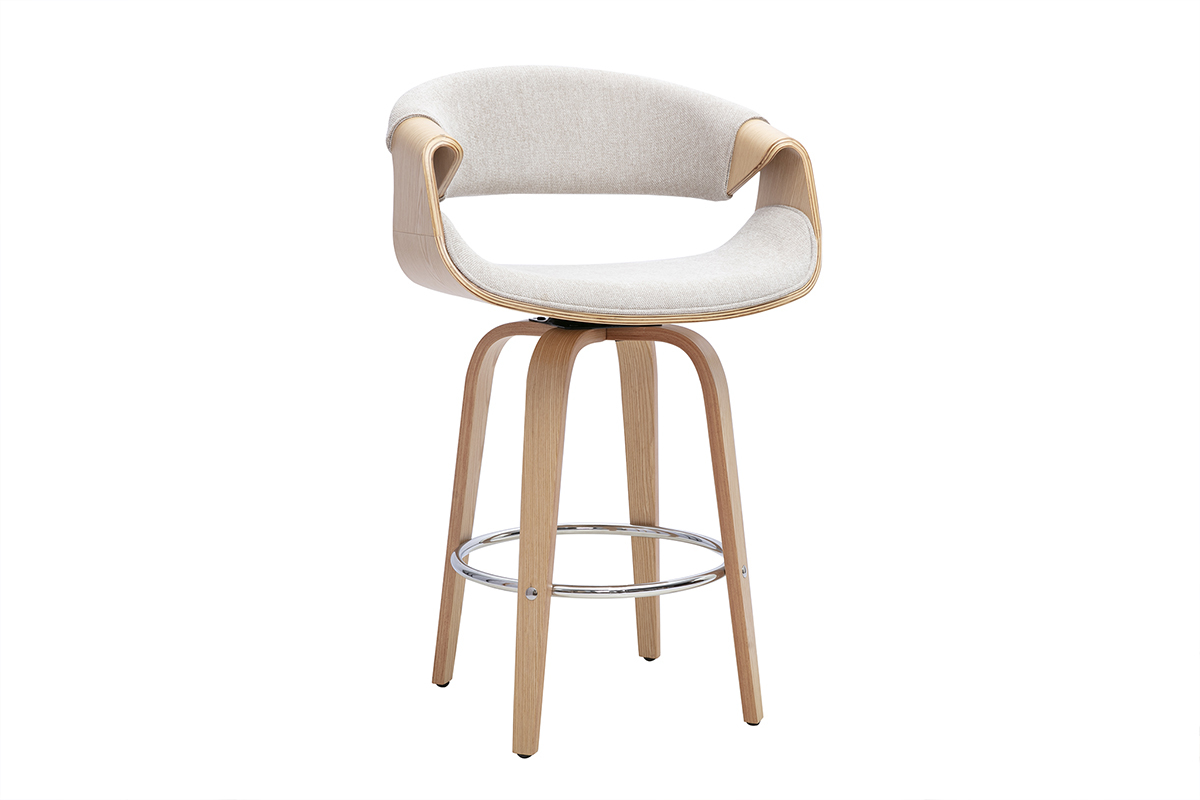 Tabouret de bar design en tissu effet velours textur� beige, bois clair et acier chrom� H68 cm ARAMIS