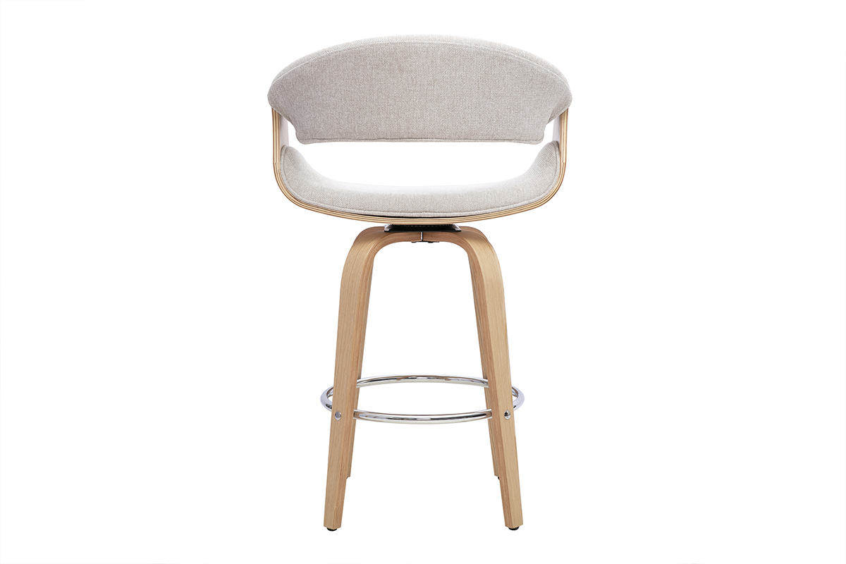 Tabouret de bar design en tissu effet velours textur� beige, bois clair et acier chrom� H68 cm ARAMIS