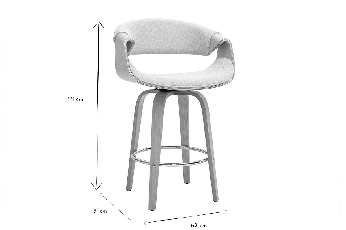Tabouret de bar design en tissu effet velours textur� beige, bois clair et acier chrom� H68 cm ARAMIS