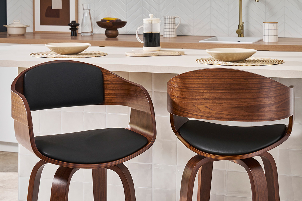 Tabouret de bar design noir et bois fonc noyer  pivotant 360 GAO