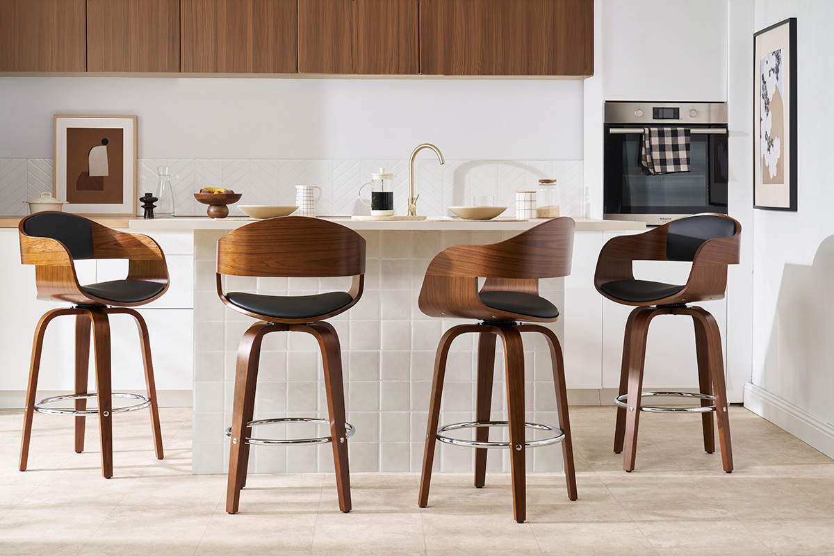 Tabouret de bar design noir et bois fonc noyer  pivotant 360 GAO