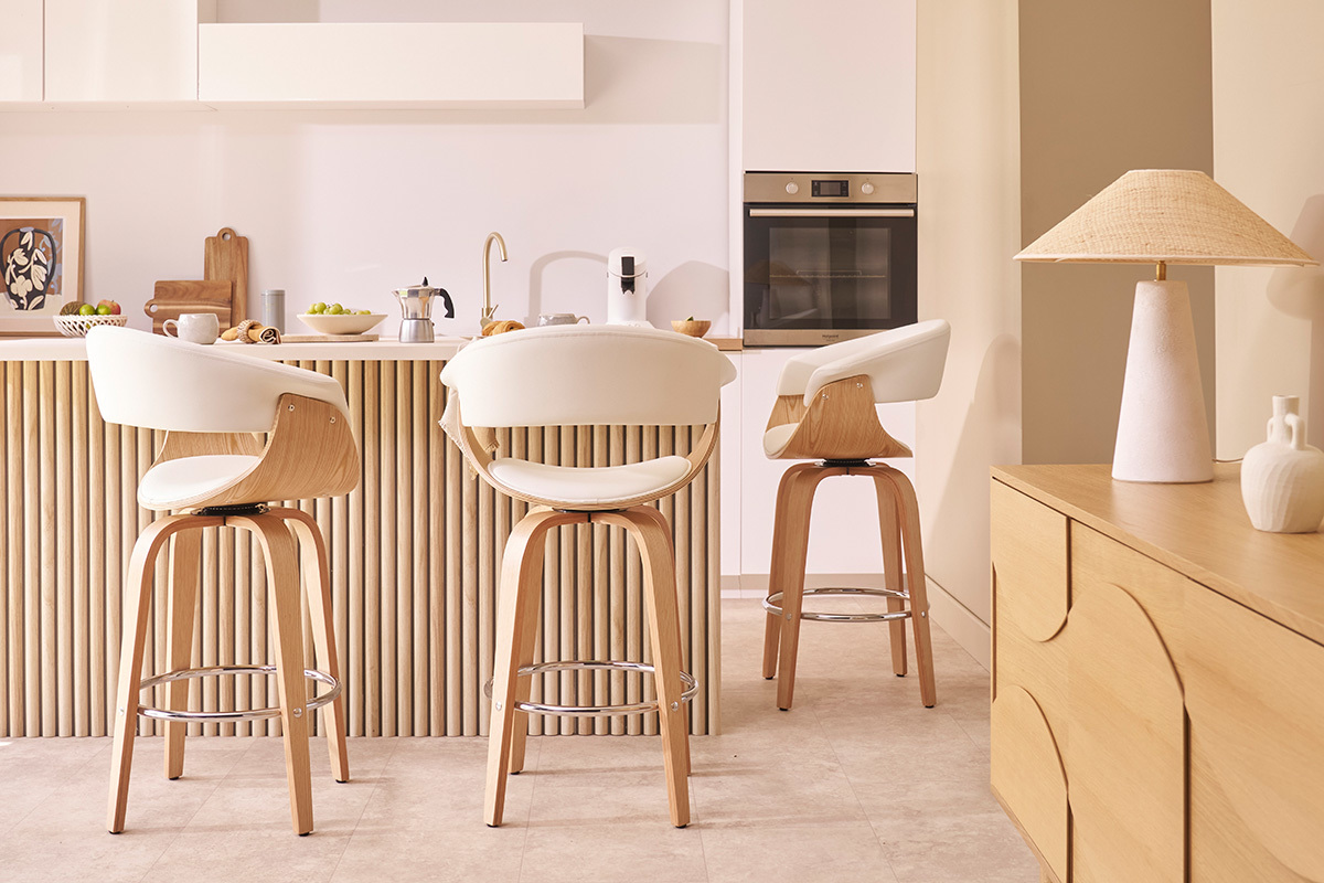 Tabouret de bar design pivotant blanc et bois clair H67 cm OKTAV
