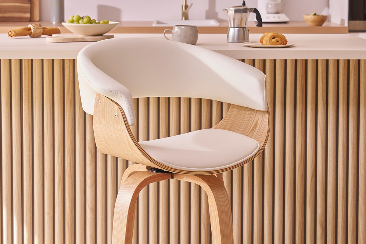Tabouret de bar design pivotant blanc et bois clair H67 cm OKTAV