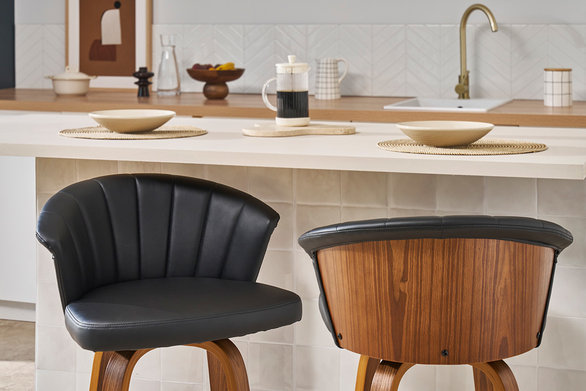 Tabouret de bar design pivotant noir et bois fonc cm ALBIN