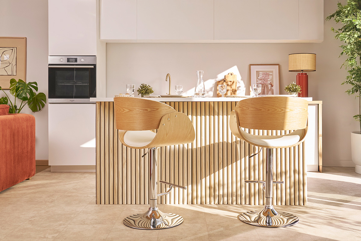 Tabouret de bar design rglable blanc et bois clair BENT