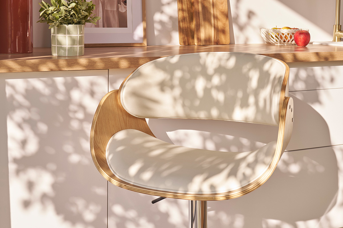 Tabouret de bar design rglable blanc et bois clair BENT