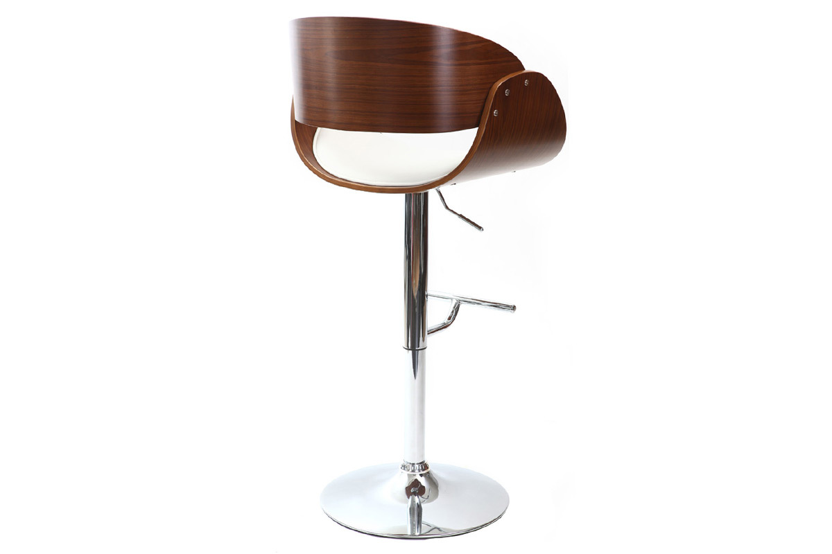 Tabouret de bar design r�glable blanc et bois fonc� BENT
