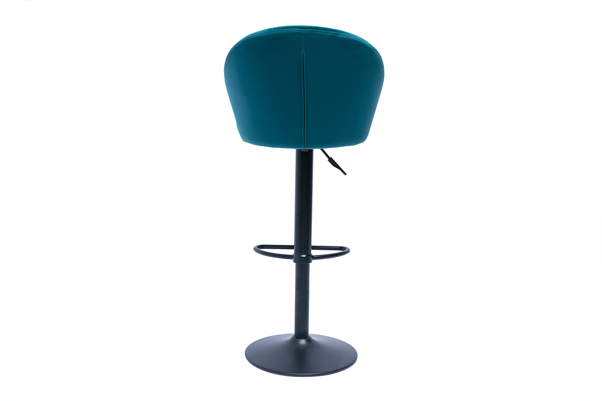 Tabouret de bar design rglable et pivotant en tissu velours gaufr bleu canard IZAAC