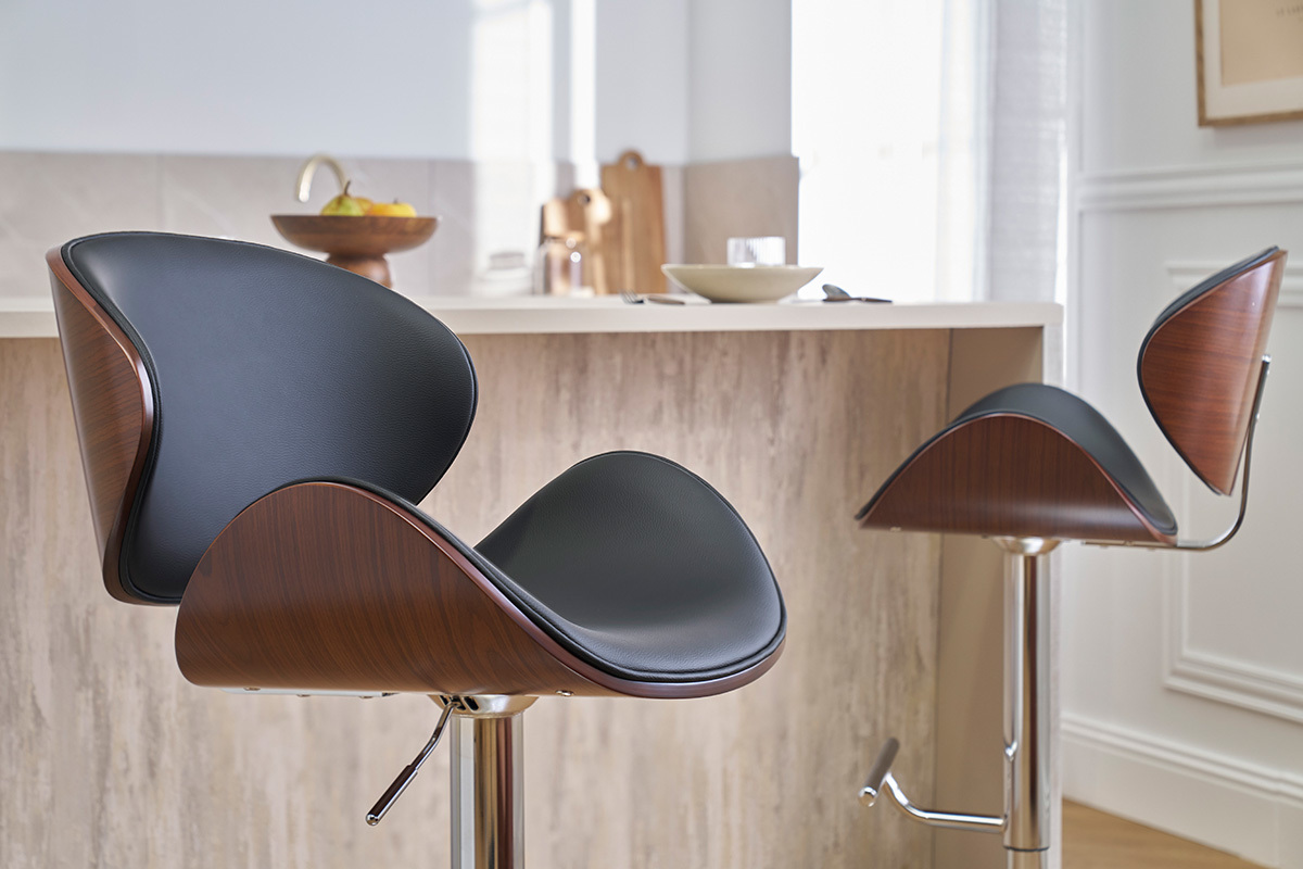 Tabouret de bar design rglable noir, bois fonc et mtal chrom WALNUT