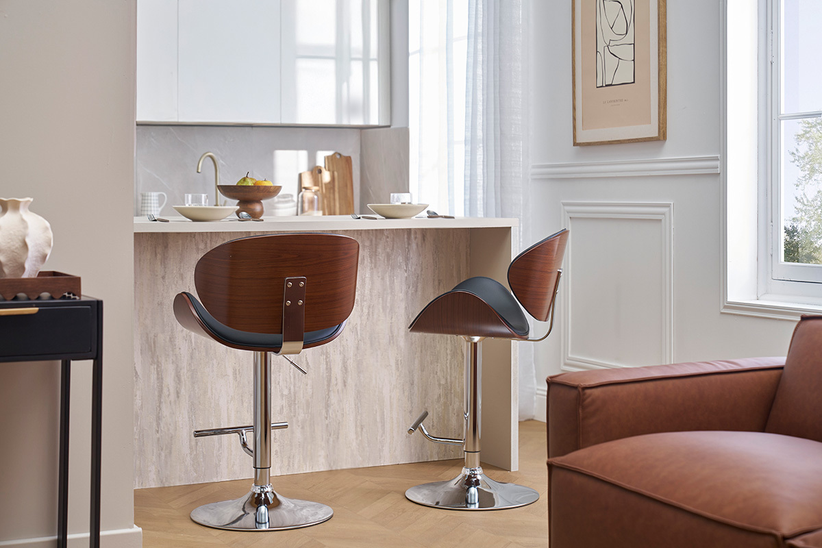 Tabouret de bar design rglable noir, bois fonc et mtal chrom WALNUT