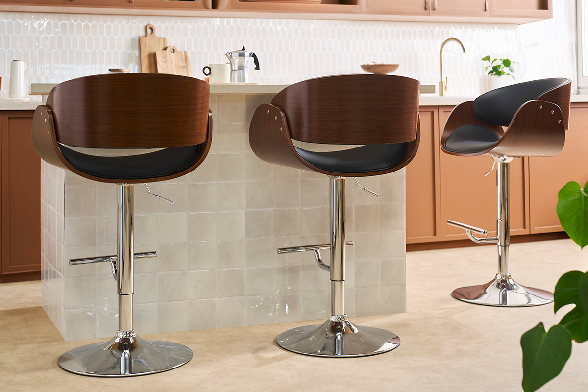 Tabouret de bar design r�glable noir et bois fonc� BENT