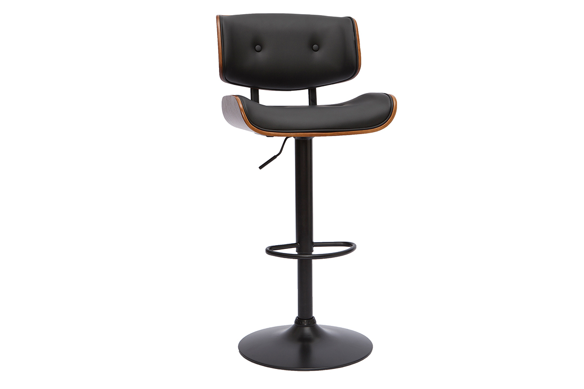Tabouret de bar design r�glable pivotant 360� noir et bois fonc� BASILE