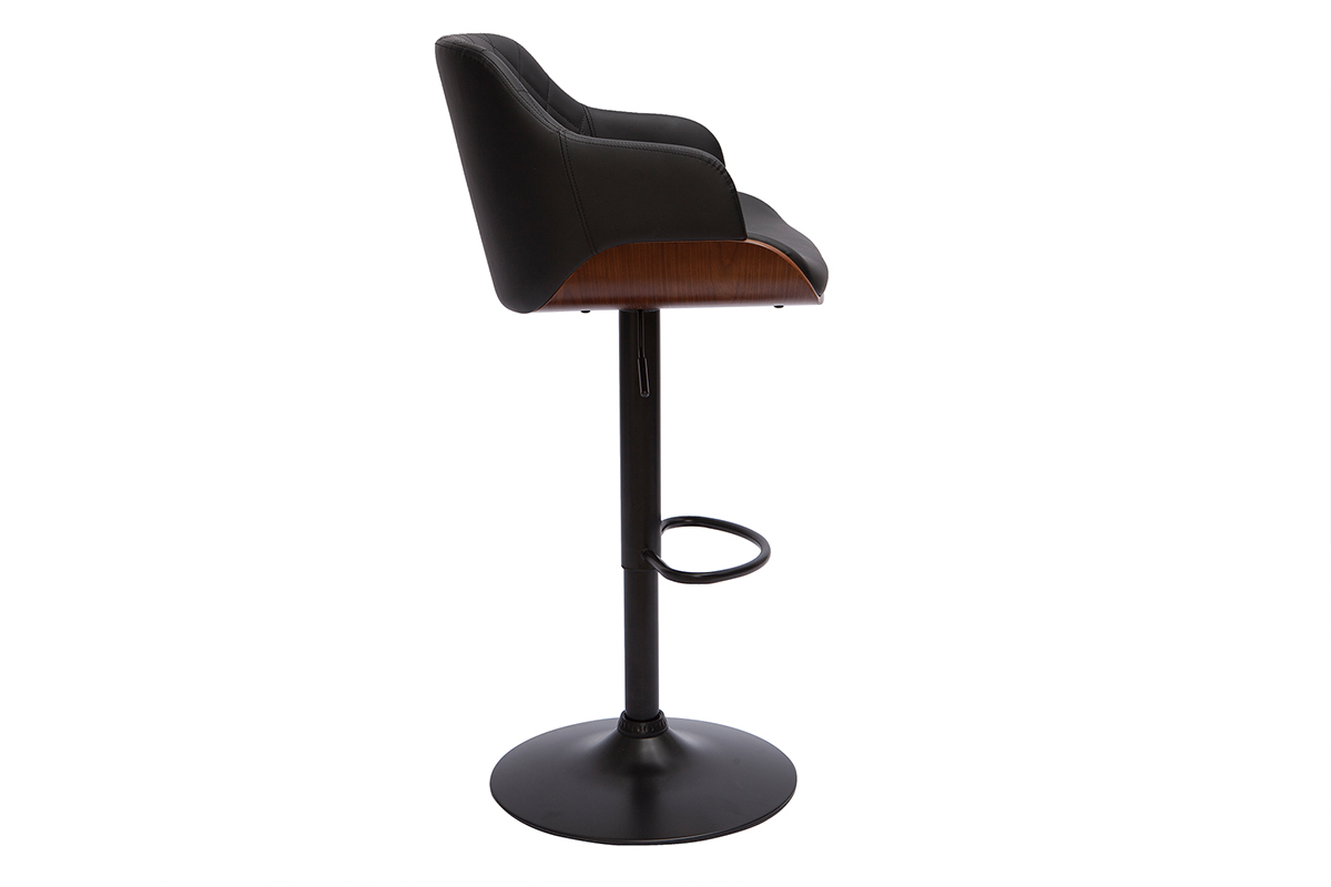 Tabouret de bar design r�glable pivotant 360� noir et bois fonc� LUCIEN