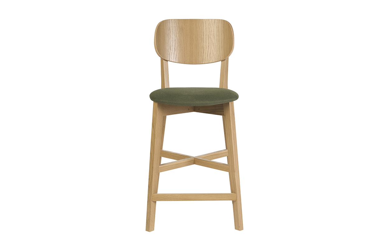 Tabouret de bar en bois clair ch�ne et tissu effet velours textur� vert kaki H65 cm LUCIA
