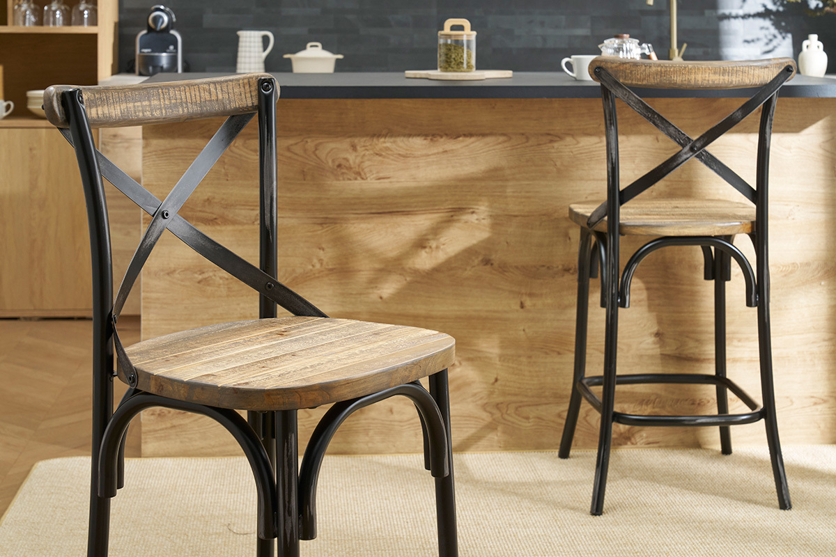Tabouret de bar industriel en bois et m�tal noir 65 cm JAKE