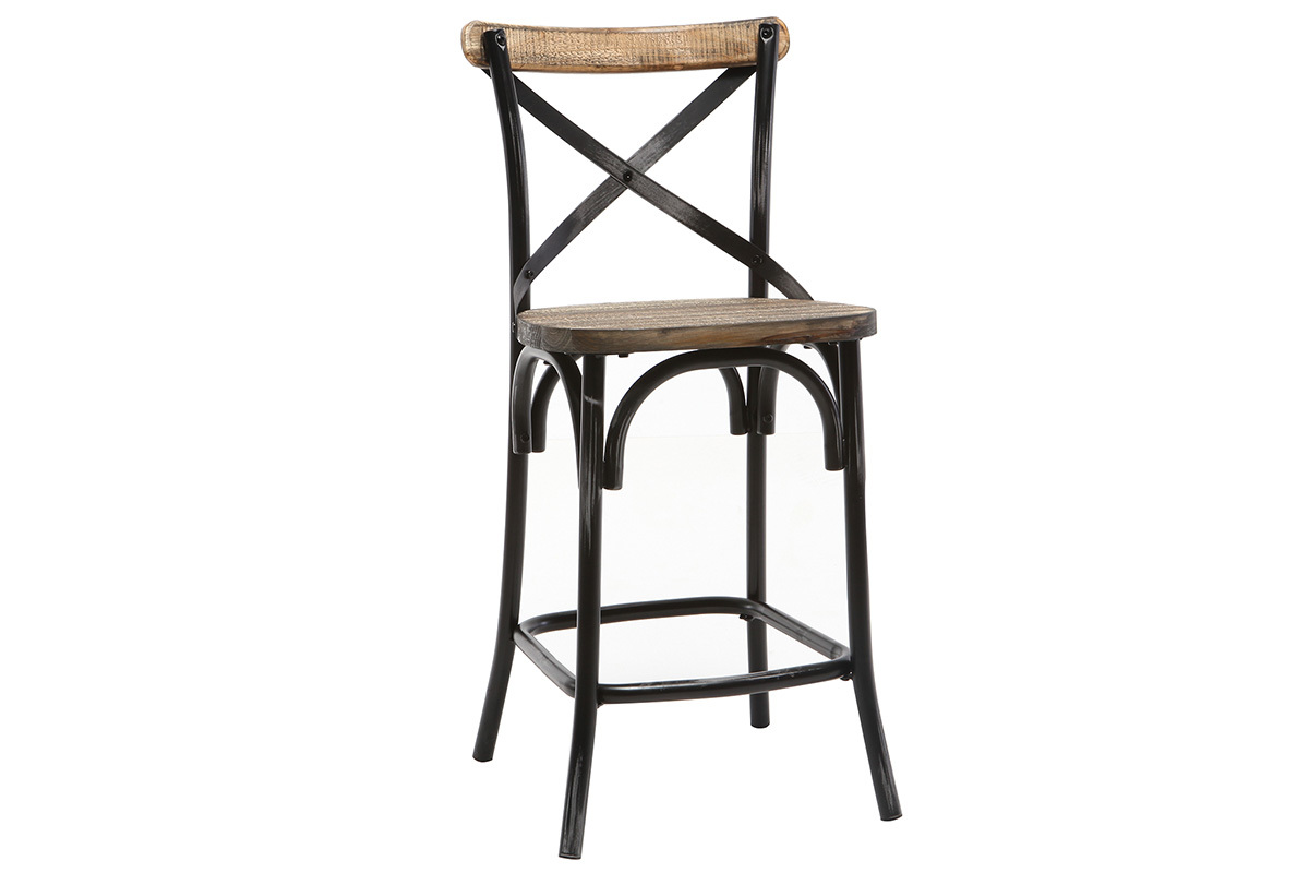 Tabouret de bar industriel en m�tal noir et bois 65 cm JAKE